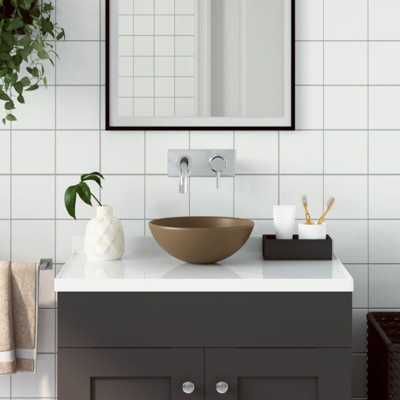 Lavabo, Lavandino da Bagno in Ceramica Crema Opaco Rotondo Vidaxl 2491