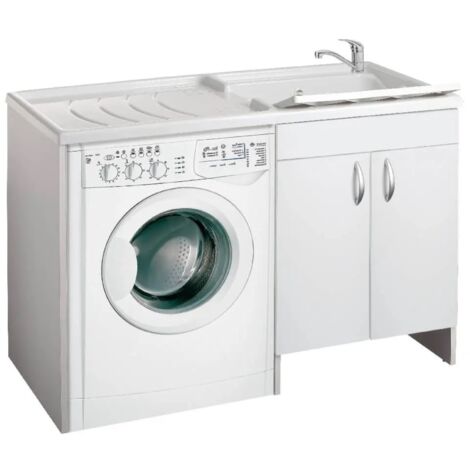 Lavatoio coprilavatrice a 2 ante in legno Bianco 124x60 e vasca in plastica DX