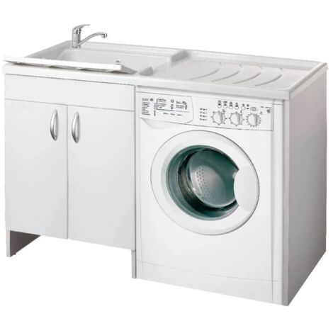 Lavatoio coprilavatrice a 2 ante in legno Bianco 124x60 e vasca in plastica SX