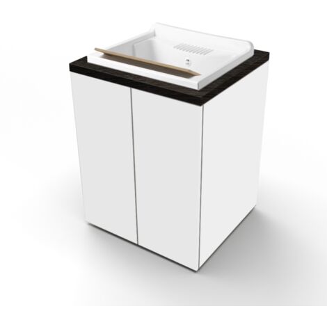 Lavatoio in legno Bianco a 2 ante con top Olmo Caffe' e vasca in resina 71x65 cm