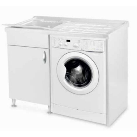 Lavatoio in legno Bianco coprilavatrice 105x60 1 anta e vasca in resina SX