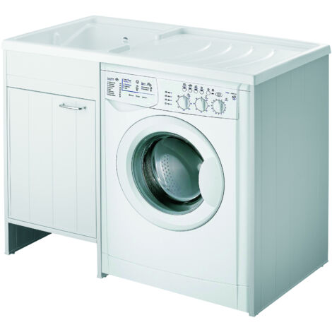Lavatoio In Vetroresina Con Mobile 1 Anta In Pvc Coprilavatrice 109×60×89 (L×P×H) CM Lato Sinistro Bianco