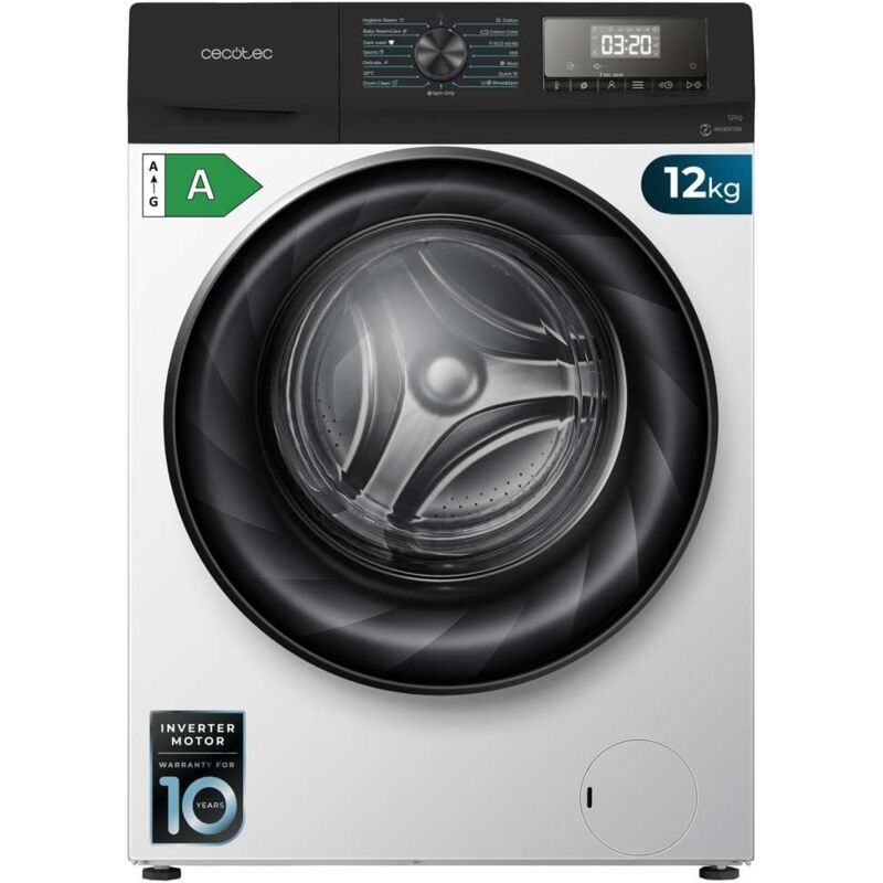 Cecotec - Lave-linge withcapacity of 12 Kg, 1400 rpm, 15 programmes, Classe a, moteur Inverter plus, with SteamMax vapeur et Jet Wash technology.