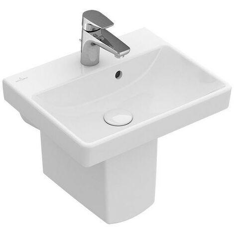 Lave-mains, 450 x 370 mm, Angulaire, pour robinetterie monotrou , trou de robinetterie percé, avec trop-plein, En porcelaine sanitaire Blanc