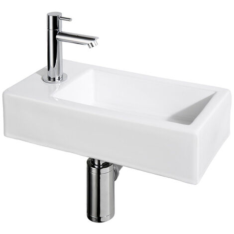 Lave-mains à poser 37,5x18,5cm – Rectangulaire – 1 trou de robinet gauche – Robinet chromé inclus – Céramique blanche – Differnz