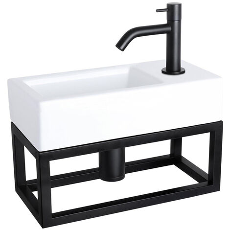 Lave-mains céramique rectangulaire 38.5x18.5x25cm – 1 trou avec robinet courbé – Bonde noir mat – Pour salle de bain moderne – Differnz