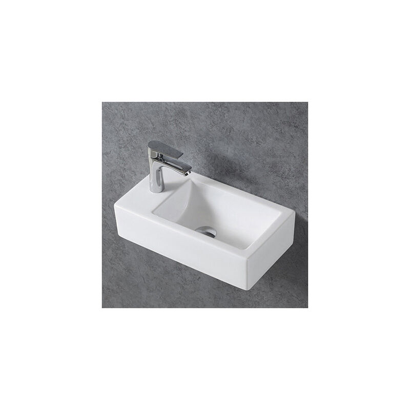 Lave-mains en céramique sanitaire KW302 - 45,5 x 25 x 12 cm - blanc brillant Sans bonde Pop Up, Espace de rangement à gauche - Bernstein