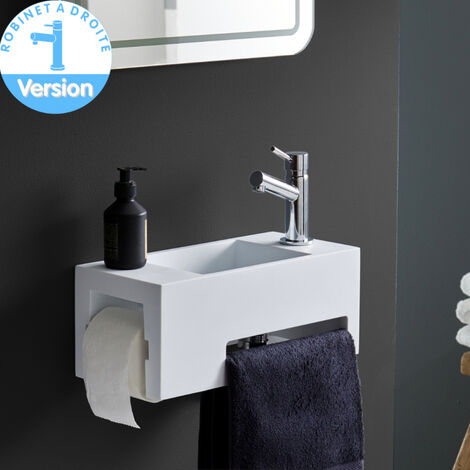 Lave mains en solide surface Maximo 40 x 18 avec dérouleur papier et porte-serviette - robinet à droite