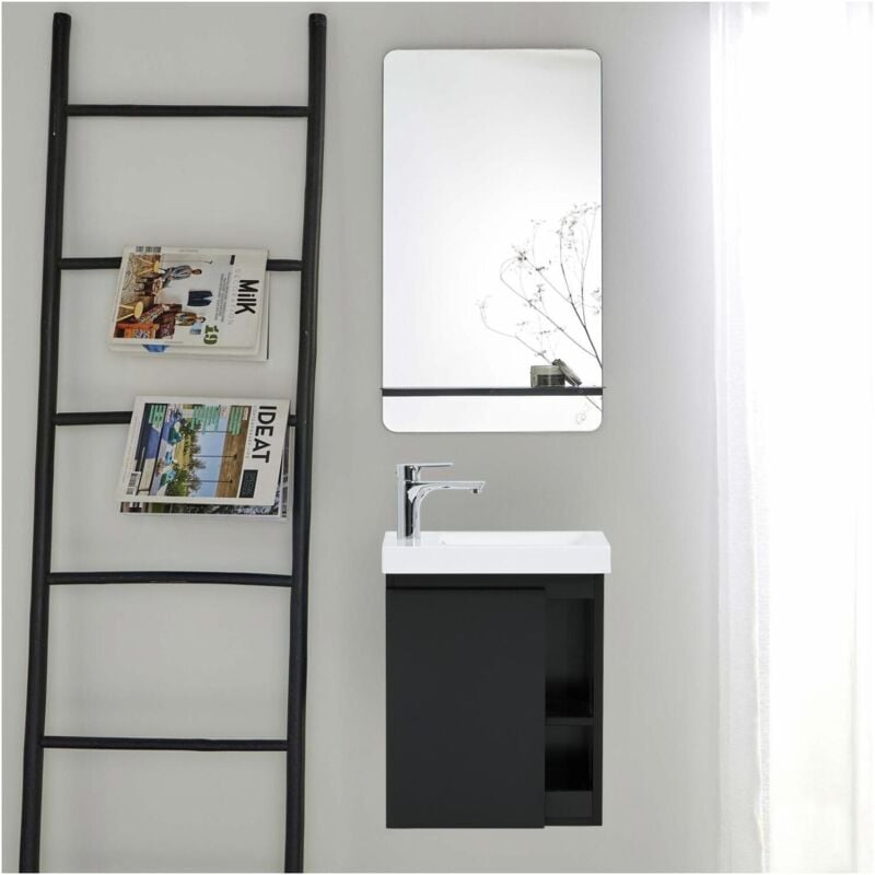 Mob-in - Ensemble meuble lave-mains noir vasque blanche hampton avec miroir