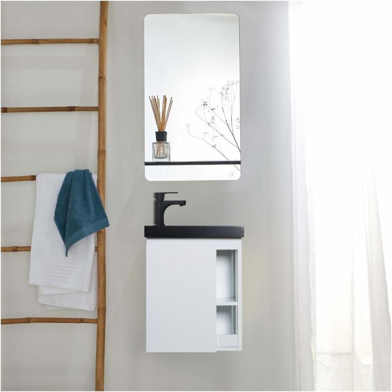 Mob-in - Meuble lave-mains hampton Blanc avec vasque noire + miroir