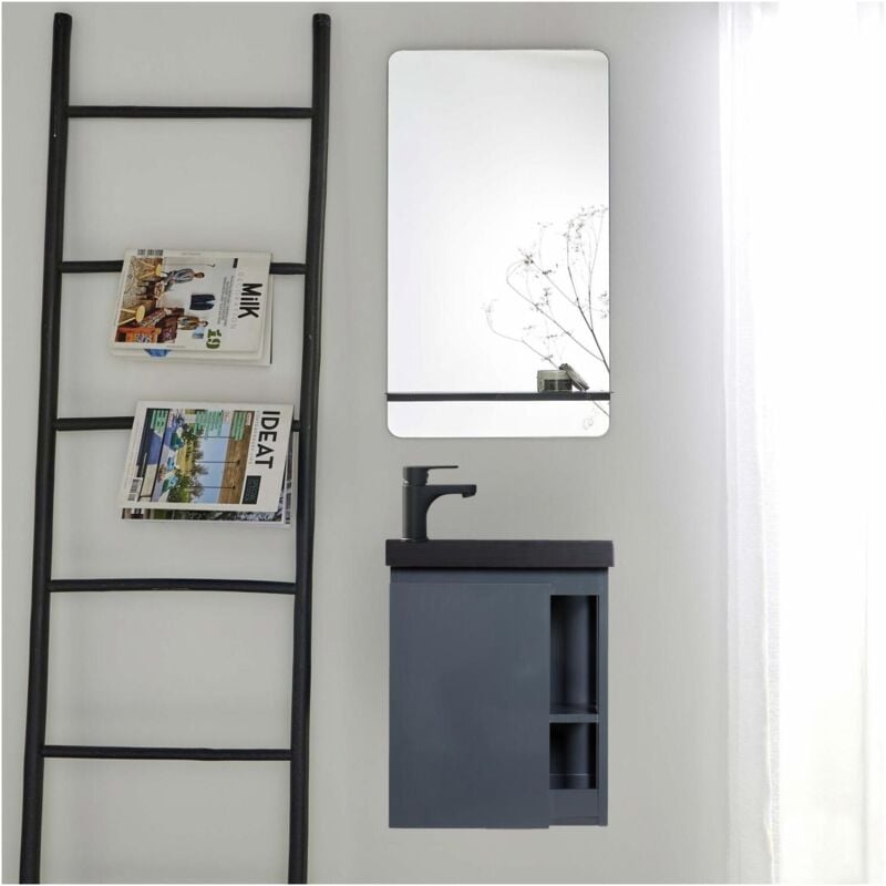 Mob-in - Ensemble meuble lave-mains gris vasque noire hampton avec miroir