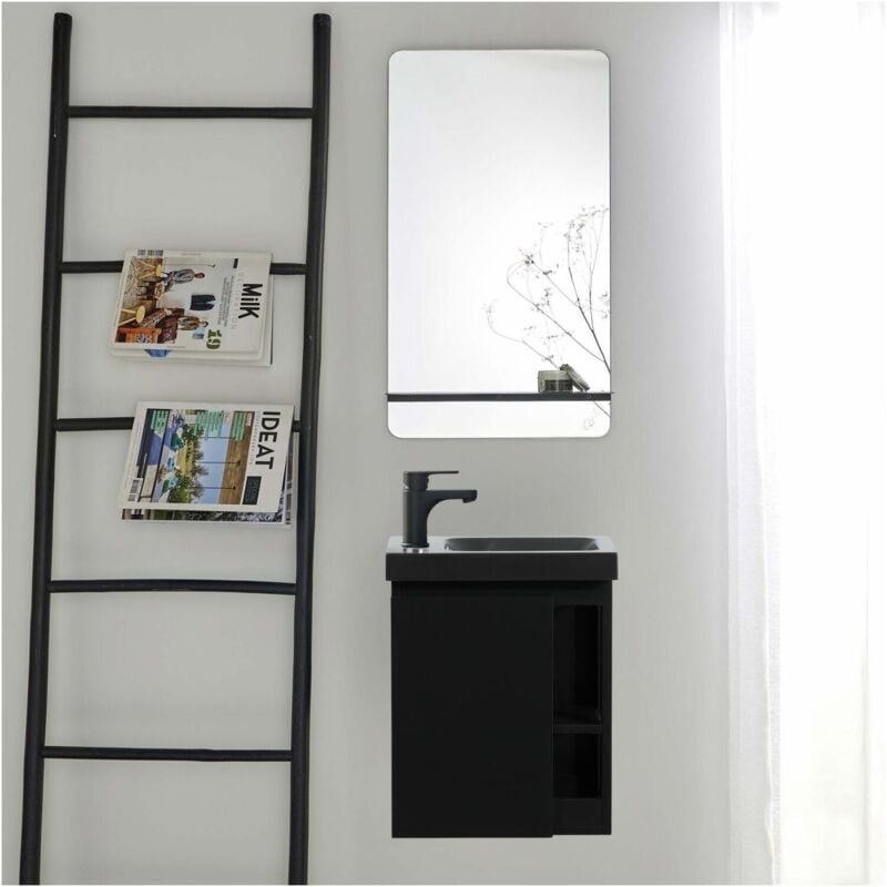 Ensemble meuble lave-mains noir vasque noire HAMPTON avec miroir