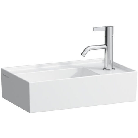 Lave-mains KARTELL 460 x 280 mm, plage de robinetterie à droite sans trop-plein, 1 trou de robinetterie design blanc LAUFEN