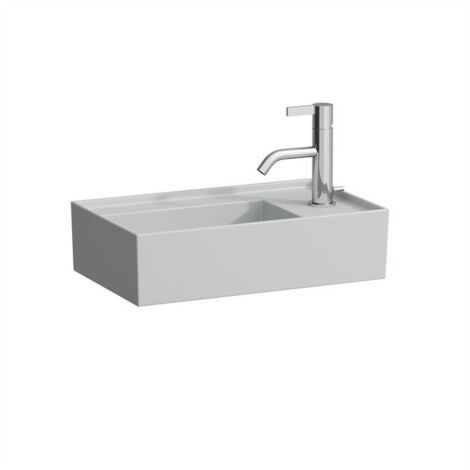 Lave-mains KARTELL 460 x 280 mm, plage de robinetterie à droite sans trop-plein, version 1 trou de robinetterie gris LAUFEN