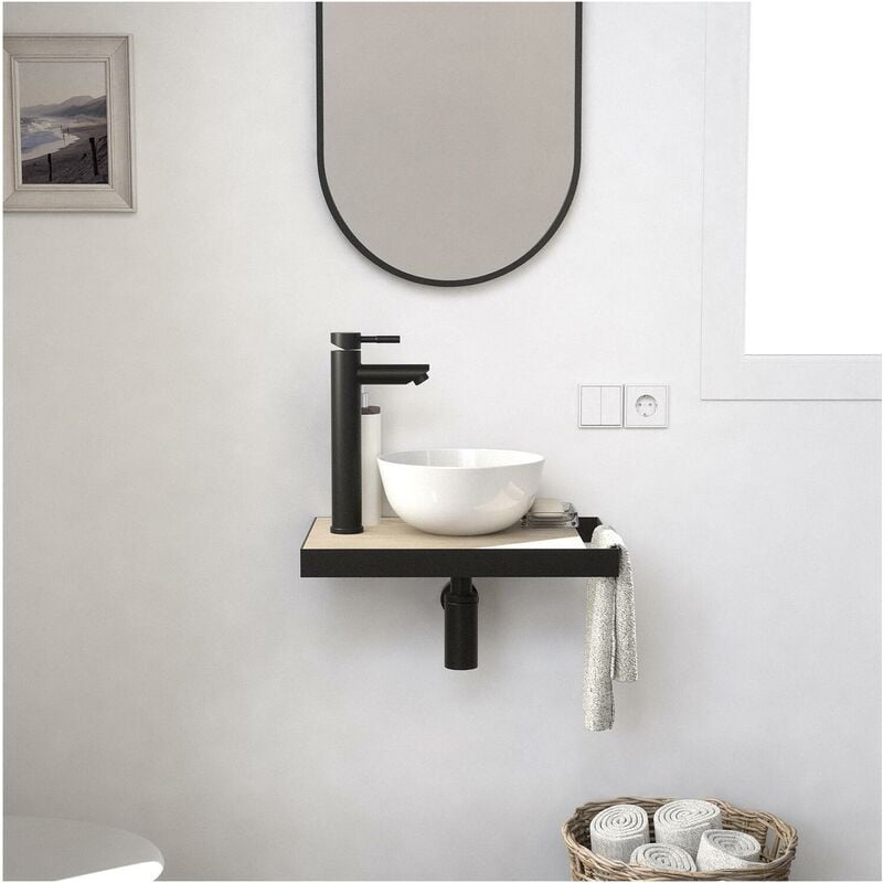 Meuble lave-mains plan fin porte-serviettes côté + vasque blanche + miroir