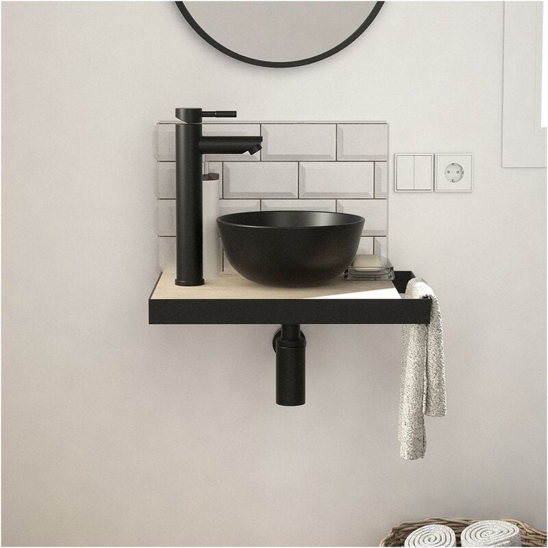 Meuble lave-mains plan fin porte-serviettes côté + vasque noire + robinet