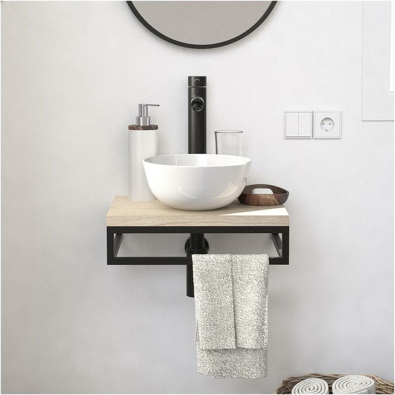 Meuble lave-mains soho plan fin et porte serviette dessous vasque blanche