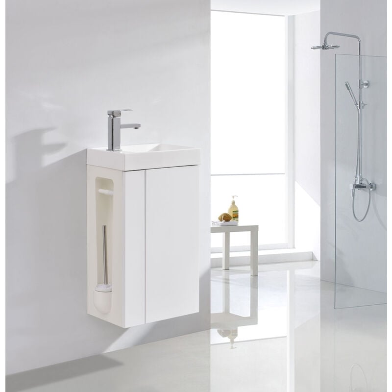 Lave-mains pour wc ou petite salle de bain Compact 400 - blanc mat -armoire de toilette et miroir en option Sans miroir, Avec bonde Pop Up, Brosse wc