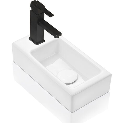 Lave mains rectangle design blanc - Mini lavabo de comptoir et lavabo suspendu - Trou de robinetterie à gauche - 37 x 18.5 x 9 cm