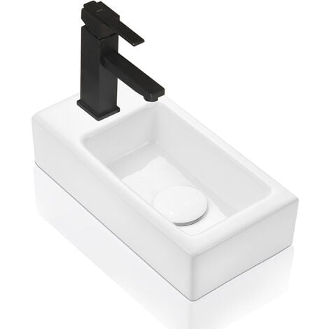 Lave mains rectangle design blanc - Mini lavabo de comptoir et lavabo suspendu - Trou de robinetterie à gauche - avec robinet de vidange escamotable - 37 x 18.5 x 9 cm