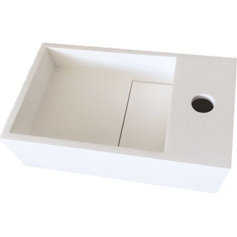 Lave-mains suspendu 35 cm en solid surface – Finition blanc mat – Pré-percé pour robinetterie à gauche – Accroches murales fournies – Ambra