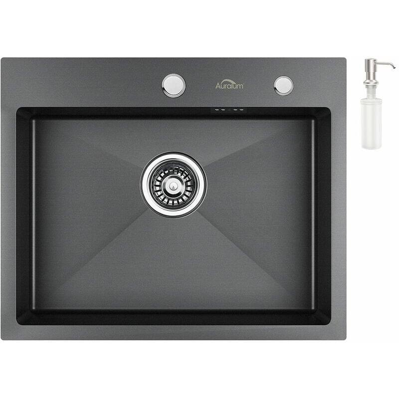 Auralum - Lavello da Cucina 55 x 45 cm in Acciaio Inox Lavandino Incasso Vasca Singola con dispenser di sapone, Sifone e Set di Drenaggio