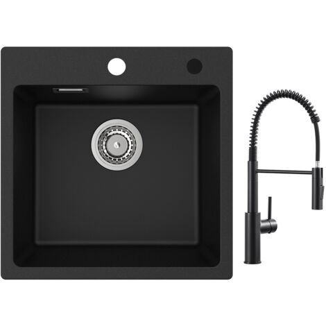 Lavello 1 Vasca in Quarzo e Resina 45x45 cm Lavello Cucina Lavello Incasso + Miscelatore Cucina a Molla con Doccetta Estraibile, Rubinetto Lavello 2 Modalità Uscita Acqua, Nero