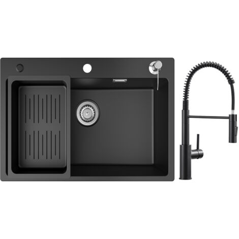 Lavello 1 Vasca in Quarzo e Resina 70x45cm con Piletta e Dosatore Sapone + Miscelatore Cucina Spring con Doccia Estraibile, 2 Modalità di Scarico Acqua, Nero