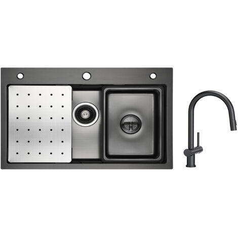 Lavello 1 Vasca Nero 70×45 cm con Gocciolatoio, Vaschetta e Dosatore Sapone + Miscelatore Cucina con Doccia Estraibile con 2 Tipi di Getti