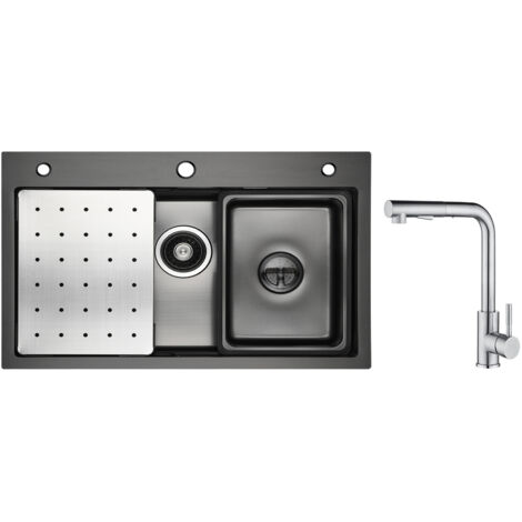 Lavello 1 Vasca Nero 70×45 cm con Gocciolatoio, Vaschetta e Dosatore Sapone + Miscelatore Cucina Spazzolato con Doccia Estraibile - 2 Getti a Scelta