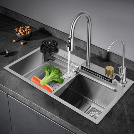 Lavello acciaio inox con cascata 75x35cm, lavello cucina multifunzionale