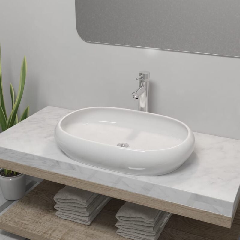 Lavabo, Lavello Bagno con Miscelatore in Ceramica Ovale Bianco Vidaxl 8092