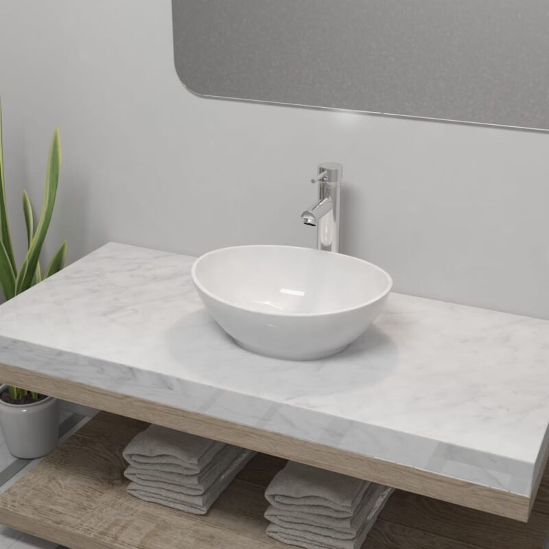 Lavello Bagno con Miscelatore in Ceramica Ovale Bianco - Vidaxl