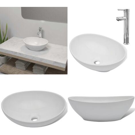 Lavello Bagno con Miscelatore in Ceramica Ovale Bianco - Rubinetto miscelatore - Lavabo con rubinetto