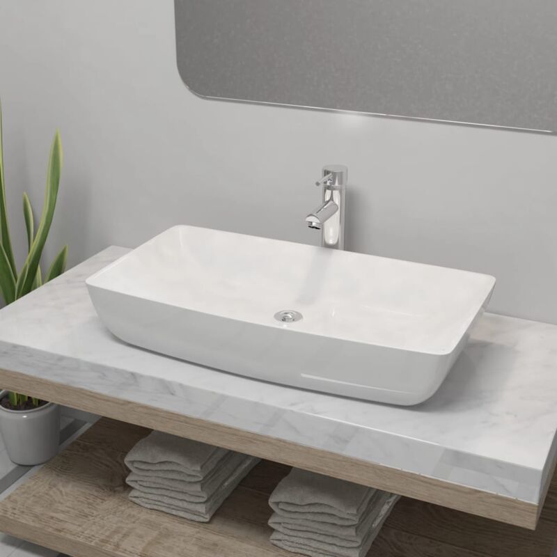 Lavabo, Lavello Bagno con Miscelatore in Ceramica Rettangolare Bianco Vidaxl 4076