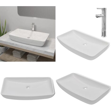 Lavello Bagno con Miscelatore in Ceramica Rettangolare Bianco - Rubinetto miscelatore - Lavabo da bagno
