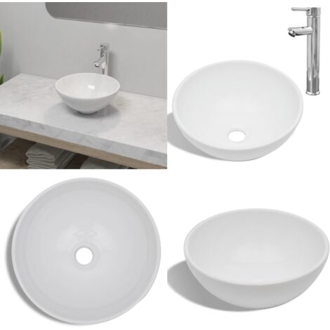 Lavello Bagno con Miscelatore in Ceramica Rotondo Bianco - Rubinetto miscelatore - Lavabo con rubinetto