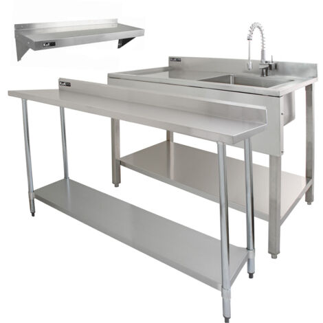 Lavello con Sgocciolatoio a Sinistra, Ripiano con 2 Mensole a Muro per Tavolo in Acciaio Inox da Cucina Ristorante, Acciaio Inossidabile Resistente alla Corrosione Tavolo 180cm Mensole da 125cm