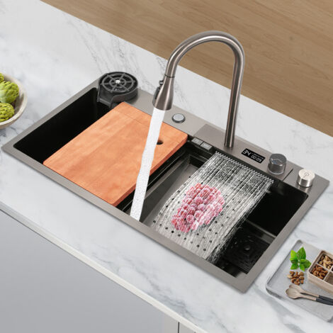 Lavello cucina con cascata e rubinetto retrattile, set lavello in acciaio inox