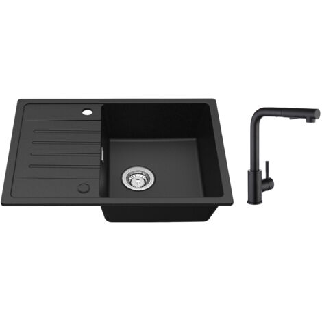 Lavello cucina con gocciolatoio Nero 65 x 45 cm Lavello da incasso Due sensi di installazione + Miscelatore cucina Nero con doccetta Estraibile 2 Modalità di getto