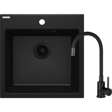 Lavello cucina in granito 50 x 50 cm colore nero completo di miscelatore Deante EVORA ZQJNN103 Nero opaco