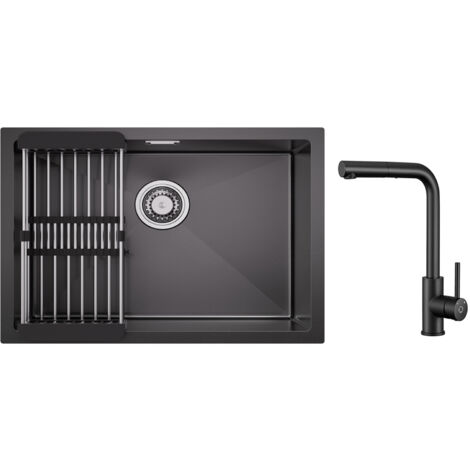 CECIPA MAX Lavello Cucina Inox 1 Vasca 60×44CM con Cestello Scarico + Miscelatore Cucina Nero con Doccetta Estraibile, Girevole 360°