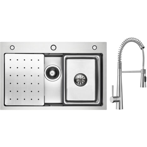 CECIPA MAX Lavello Cucina Lavello 1 Vasca 70×45cm con Gocciolatoio, Vaschetta, Dosatore Sapone + Miscelatore da Cucina a Molla con 3 Tipi di Spruzzo, Spazzolato