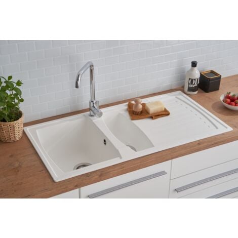 RESPEKTA Lavello cucina lavello da incasso Granito Mineralite 100 x 50 Bianco Respecta Boston