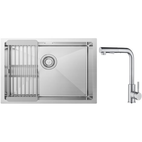 Lavello Cucina Spazzolato 1 Vasca con Cestello Scarico 60×44 cm + Miscelatore Cucina Spazzolato con Doccetta Estraibile 2 Getti