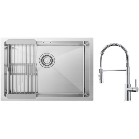 Lavello Cucina Spazzolato 1 Vasca con Cestello Scarico 60×44cm + Miscelatore Cucina Molla Spazzolato con Doccetta Estraibile