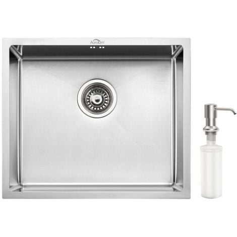 AURALUM Lavello da Cucina 1 Vasca 50x43cm in Acciaio Inox, Lavandino Cucina con Dispenser di sapone e Sifone, Lavello Cucina Singola vasca da Appoggio, Incassoda o Filotop