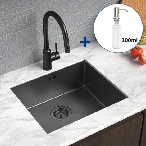 AURALUM Lavello da Cucina 1 Vasca in Acciaio Inox, 50x43cm Lavandino Cucina con 300ml dispenser di sapone e Sifone, Da Appoggio, Incassoda o Filotop, Senza Piombo, Protezione Ambientale