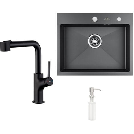 Lavello da Cucina 55 x 45 cm Lavello Incasso in Acciaio Inox Grigio scuro + Rubinetto da Cucina con Doccetta Estraibile 2 modalità, Girevole a 360 Miscelatore Monocomando Lavello, Nero antracite