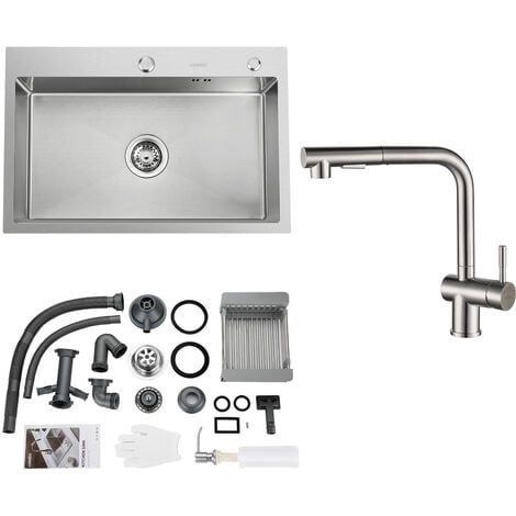Lavello da Cucina 68 x 45 cm Lavello Incasso in Acciaio Inox con Rubinetto da Cucina Estraibile Girevole a 360, Dispenser di sapone e Cestello regolabile